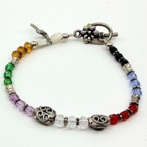 Vintage Silver Tone Cross Bracelet Rainbow Beaded Faceted Glass‎ Toggle Y2K 90s